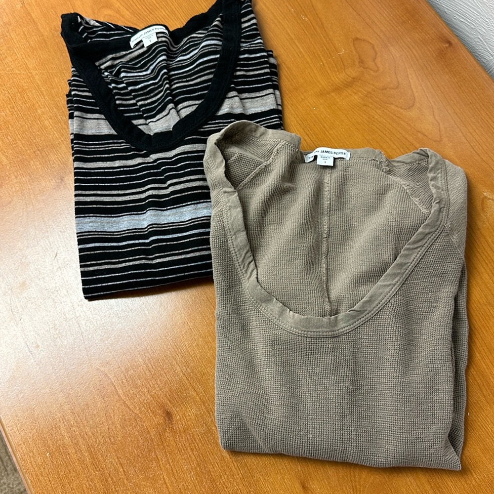 James Perse tee shirts. Size 1. Boxy striped. Scoop neck thermal.